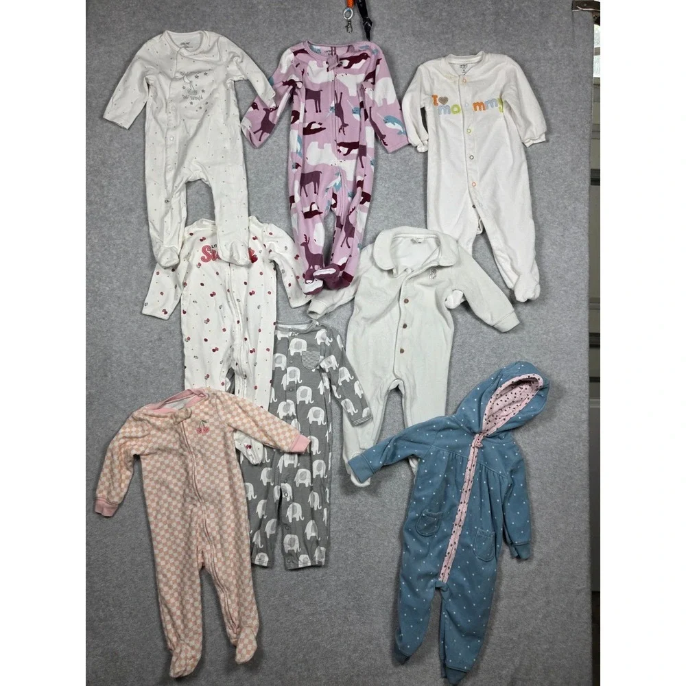 Lot of 8 One Piece Carters Full Suit Girls Size 9 Months Multicolor Pajamas PJs